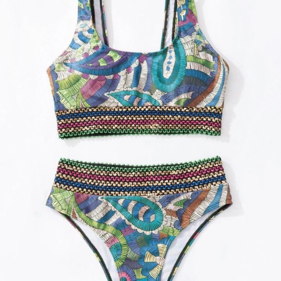 Multi Colour Trim High Waisted 2pc Bikini Swimsuit Bathing Suit - Picture 5 of 6